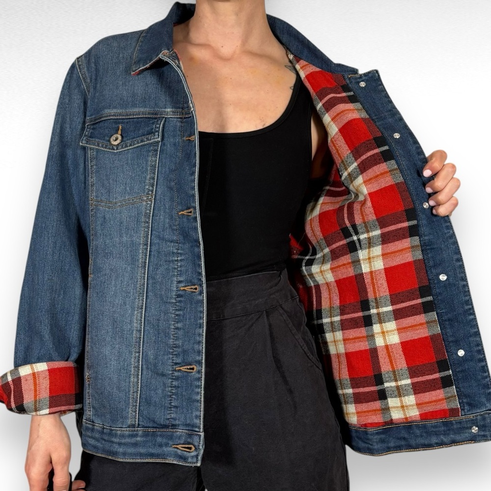Classic Denim Jacket with Plaid Accents - Picture 3 of 9